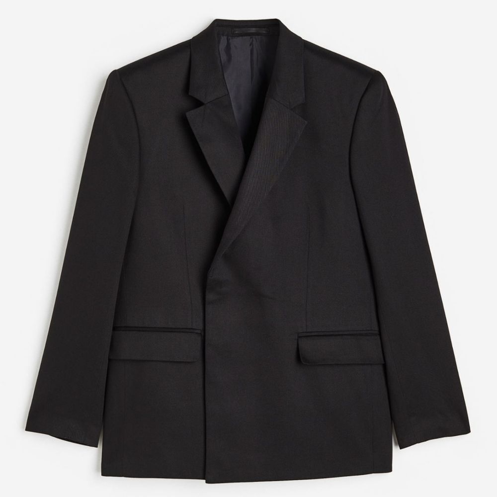 H&M Men's Regular Fit Double Breasted Black Suit Blazer Jacket Size 46R NEW